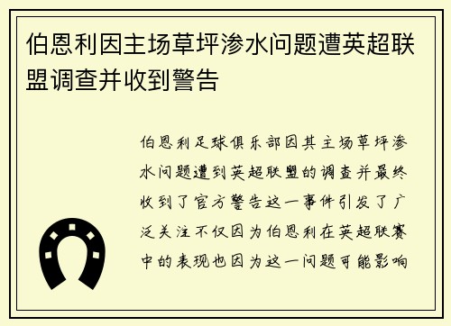 伯恩利因主场草坪渗水问题遭英超联盟调查并收到警告