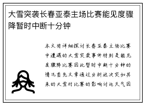 大雪突袭长春亚泰主场比赛能见度骤降暂时中断十分钟