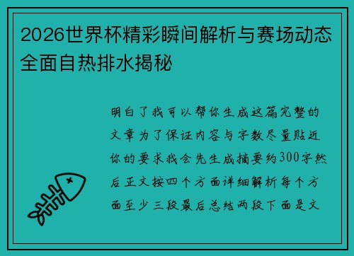 2026世界杯精彩瞬间解析与赛场动态全面自热排水揭秘