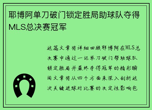 耶博阿单刀破门锁定胜局助球队夺得MLS总决赛冠军 耶博阿单刀破门锁定胜局助球队夺得MLS总决赛冠军